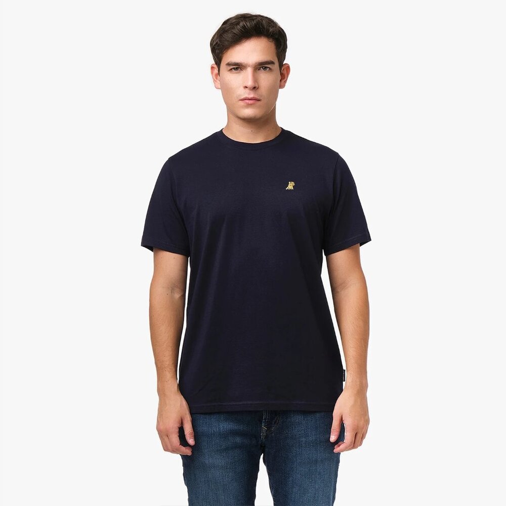 James Bark Men's Crew Neck Jersey Pima Cotton Navy Yellow Tee Embroidery Logo
